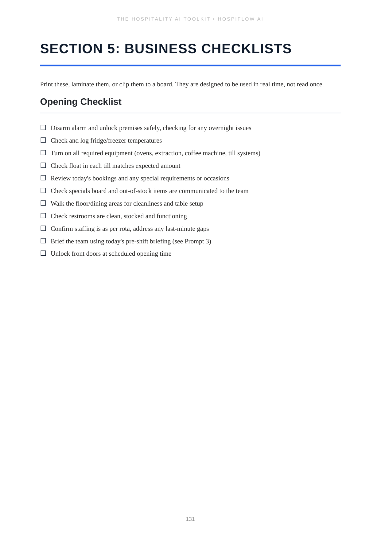 The opening checklist page from the toolkit, ready to print and laminate