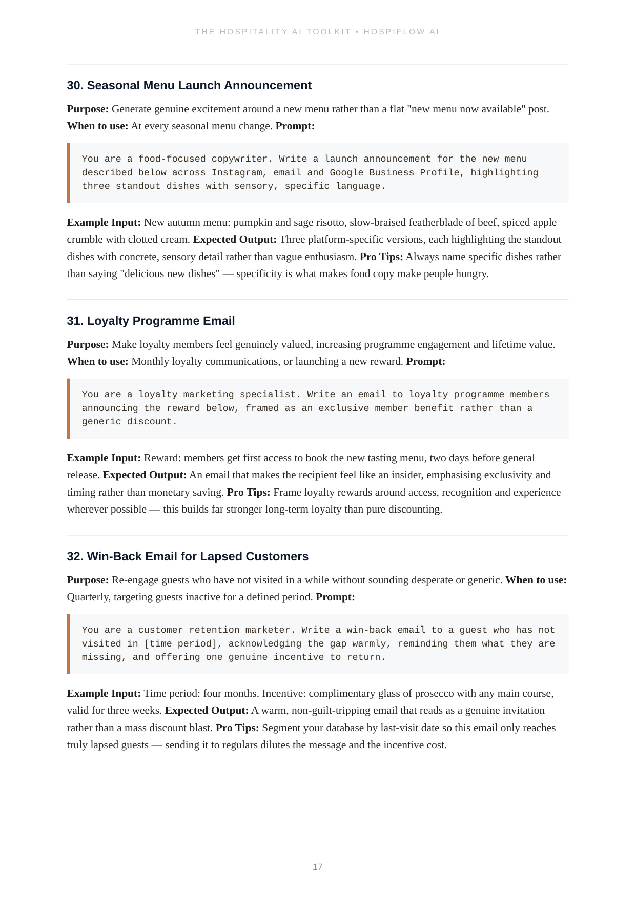 A prompt page from the toolkit showing purpose, example input, expected output and pro tip